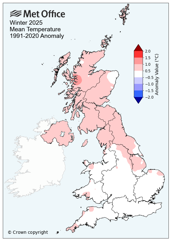 Map of the UK showing winter 2025 mean temperatures compared to the long term average. The map shows warmer than average conditions in the north.