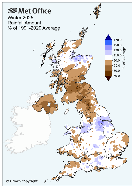 Winter 2025 rainfall amount compared to average. The map shows drier than average conditions in the north, but closer to average further south.