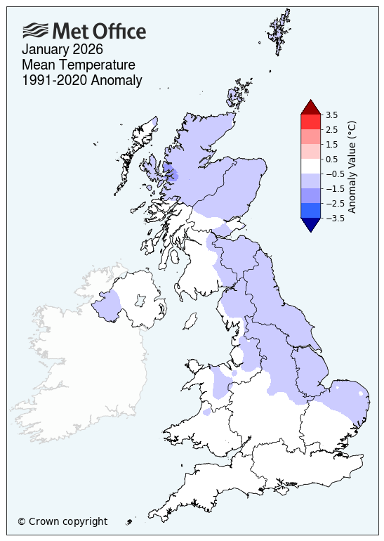 January 2026 mean temperature map of UK showing very warmer temperatures in southwest and Northern Ireland