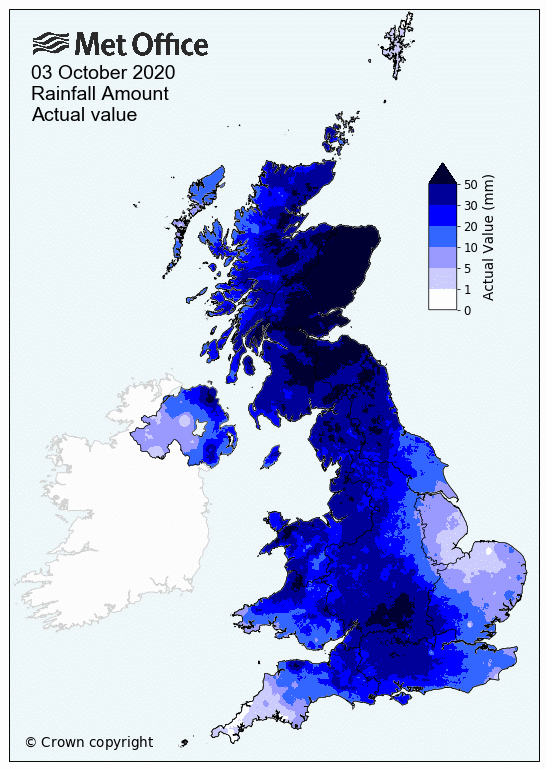 Map of the UK showing rainfall for 3 October 2020, the map is completely blue with many places a dark blue indicating more than 50mm of rain in one day.