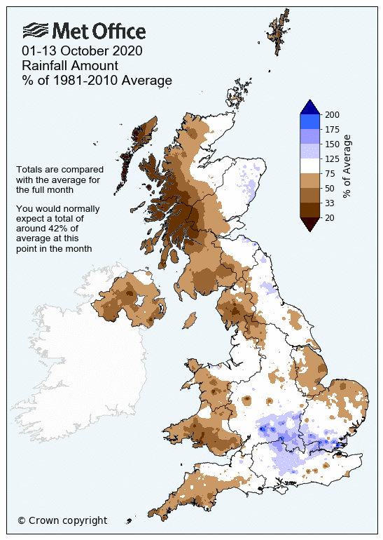 Map of the UK showing 1-13 October 2020 rainfall. Much of the UK had already recorded its average rainfall for the whole month, with some places in southern England and Eastern Scotland above average.