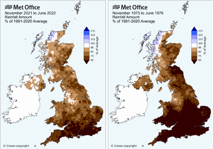 Maps of the UK showing rainfall for November 2021-June 2022 and November 1975-June 1976. the maps show that although similar the south was much drier in the 1975-1976 period.