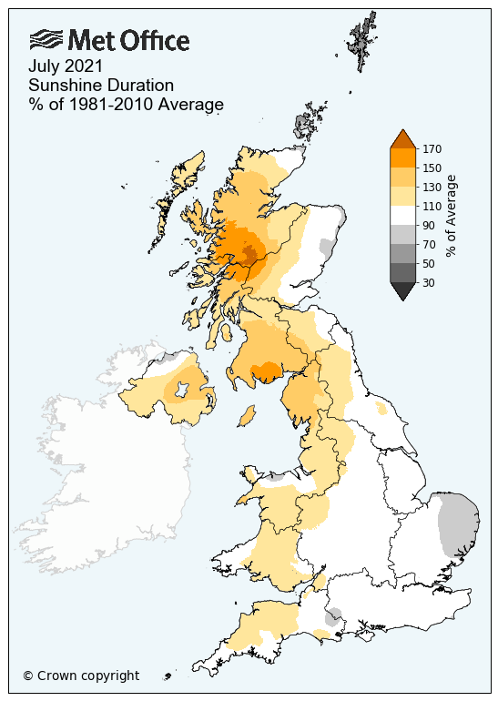 Map of the UK showing sunshine hours for July 2021. The map is yellow in the northwest and west of the UK and white in the south east. Yellow indicates above average sunshine and white indicates average sunshine.