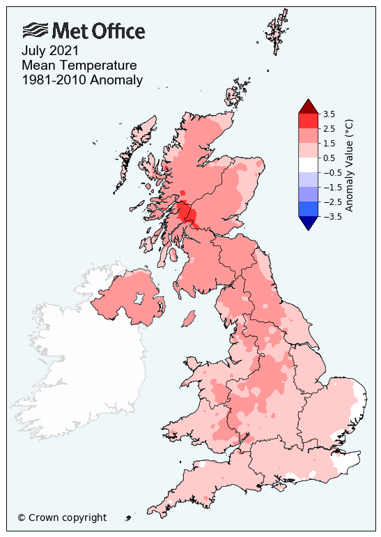 Map of the UK showing mean temperature for July 2021. The Map is red across the UK showing above average temperatures.