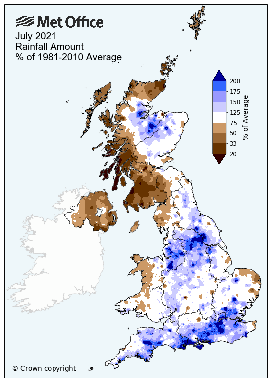 Map of the UK showing rainfall across the UK in July 2021. The map is brown in the northwest of the UK indicating drier than average and blue in the south and south east of the UK indicating wetter than average.