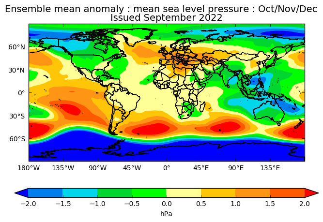 Map of the world showing mean sea level pressure anomaly for Oct, Nov and Dec 2022. The map shows above average pressure around the UK.