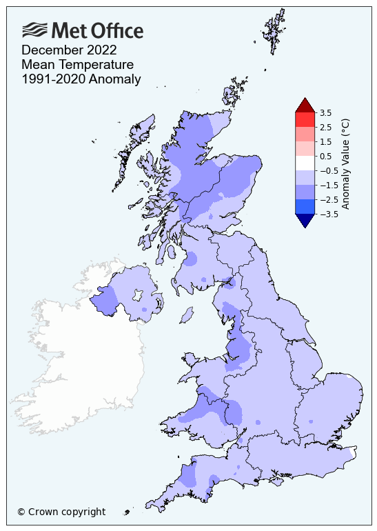 Map of the UK showing December 2022 mean temperature for the UK. The whole of the UK is blue indicating below average temperature.