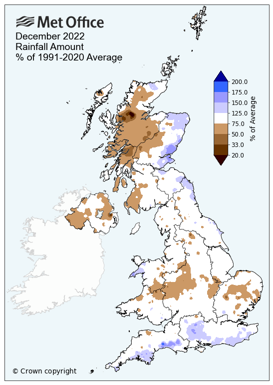 Map of the UK showing December 2022 rainfall, much of the UK is around average with some regions below average. Even fewer locations are shown in blue which indicated above average.