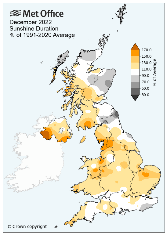 Map of the UK showing sunshine hours for December 2022. Much of the UK is yellow, indicating above average sunshine hours for the month.