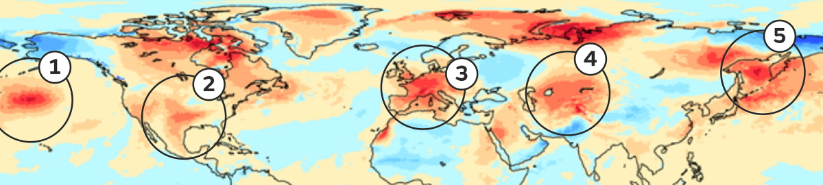 Map of the world showing the wave number 5 pattern with five areas highlighted for there anomalously high temperatures compared to average, indicated in red.