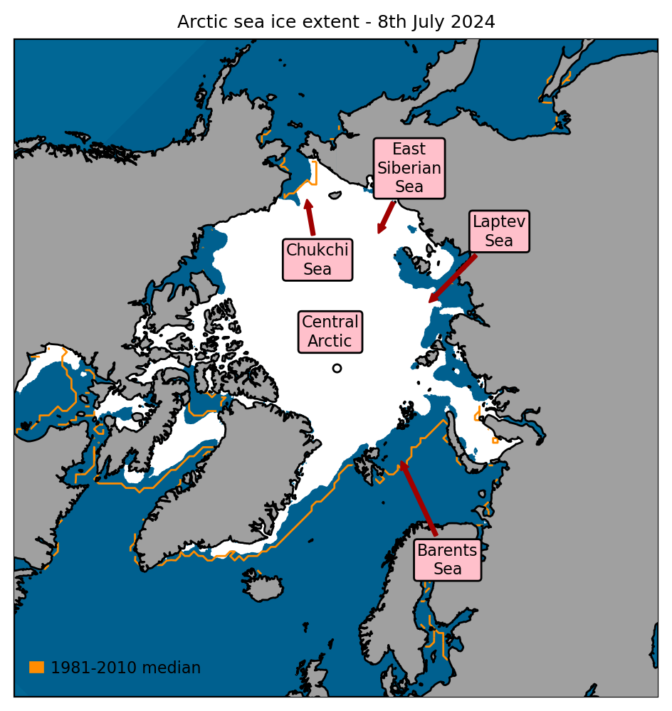 Arctic sea ice extent on 8th July 2024, with 1981-2010 average extent indicated in orange, and the regions referred to in the text labelled. Data are from EUMETSAT OSI SAF (Tonboe et al., 2017).