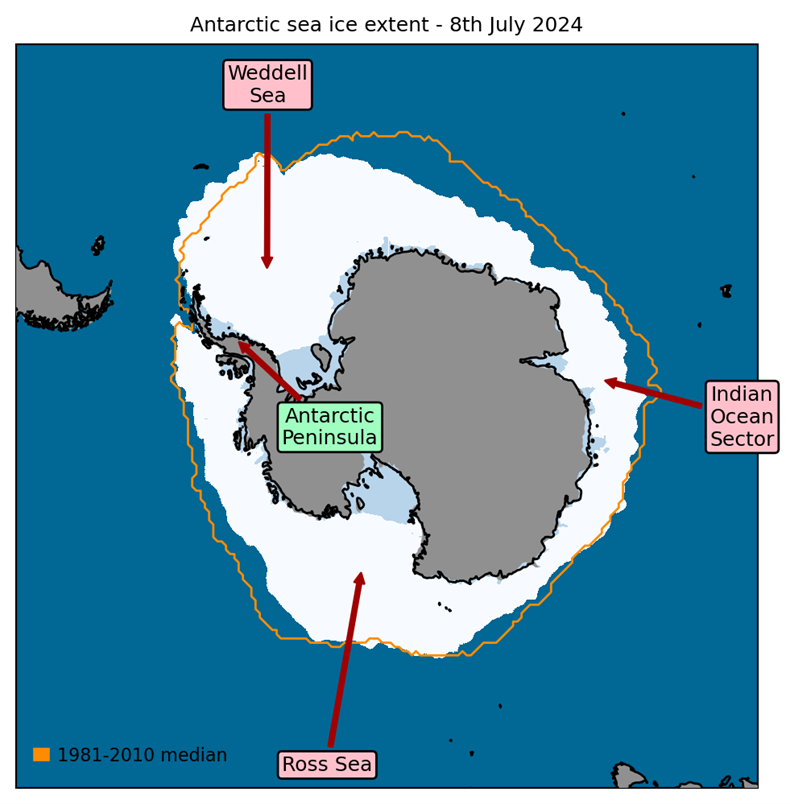 Antarctic sea ice extent on 8th July 2024, with 1981-2010 average extent indicated in orange, and the regions referred to in the text labelled. Data are from EUMETSAT OSI SAF (Tonboe et al., 2017).
