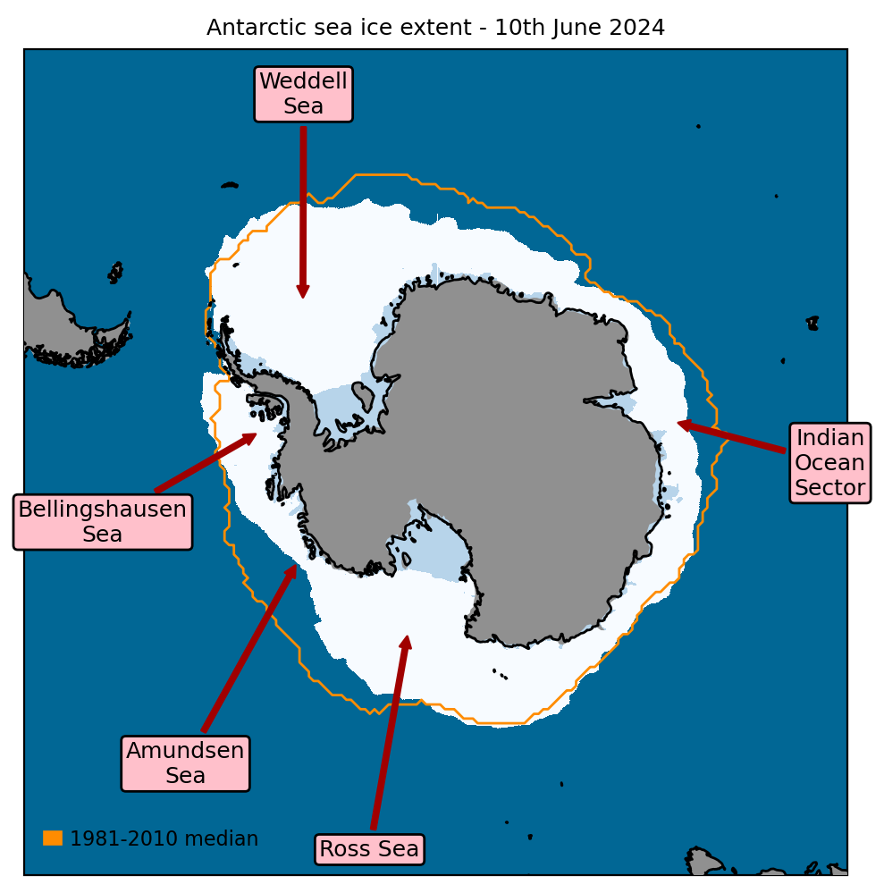 Antarctic sea ice extent on 10th June 2024, with 1981-2010 average extent indicated in orange, and with regions referred to in the text labelled. Data are from EUMETSAT OSI SAF (Tonboe et al., 2017).