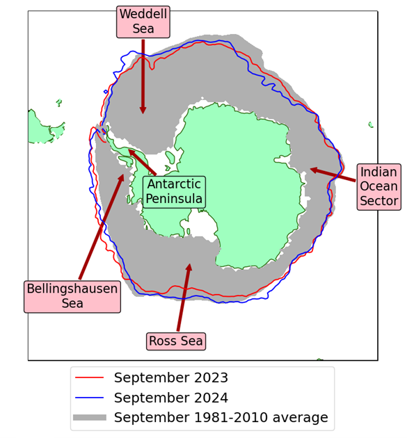 Antarctic sea ice extent in September 2024, compared to the record low year of 2023 and the 1981-2010 average, with regions named in the text labelled. Data are from EUMETSAT OSI SAF (Tonboe et al., 2017).