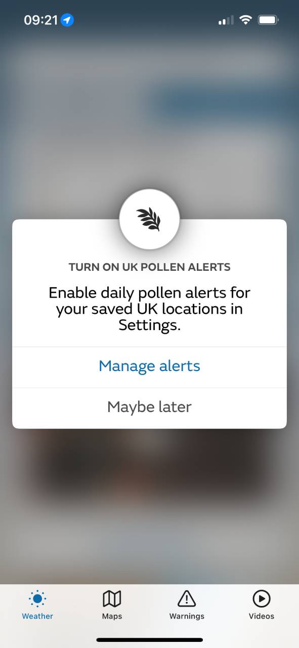 Screen shot of pollen alerts on a mobile phone